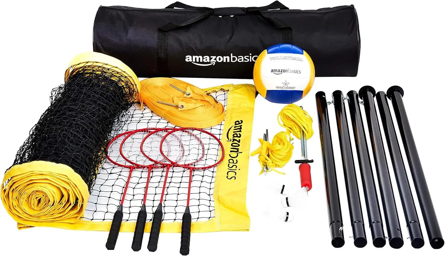 Combined volleyball and outdoor badminton set with net, poles, rackets, birdies, ball