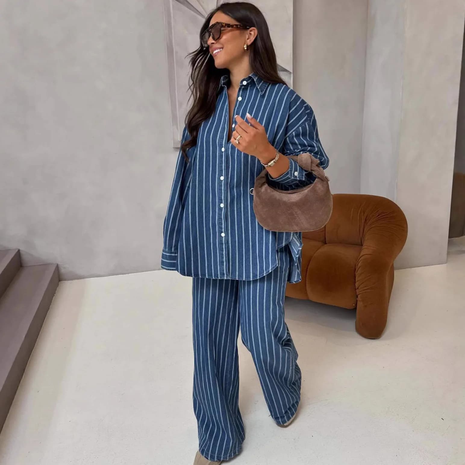 Women's suit two pieces 2026: printed shirt with buttons and wide leg pants, casual spring set with tops and wide pants