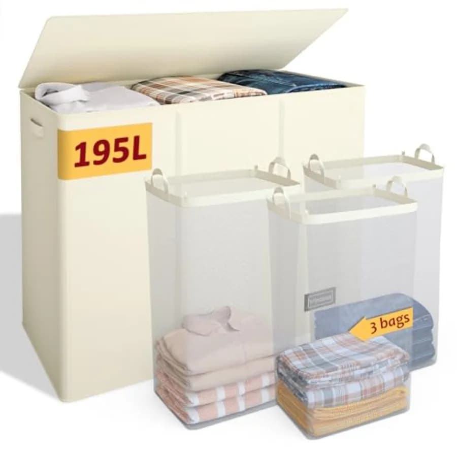 Laundry Hamper 3 Section, Large Laundry Hamper with Lid, Dirty Clothes Hamper with 3 Inner Bags, Collapsible Laundry Basket Org