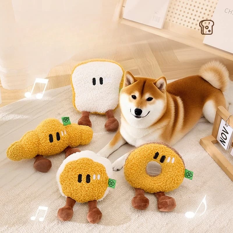 Giocattoli per cani e gatti della serie Breakfast Bread: Giocattoli sonori auto-attrattivi per l'ansia, con effetto carta frustata, a forma di pane, per la pulizia dei denti