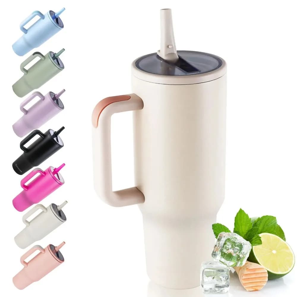 40 Oz Insulated Mug with Handle and Flip Top Straw, Double Wall Vacuum 12 Hour Insulated Water Bottle Leak Proof BPA Free