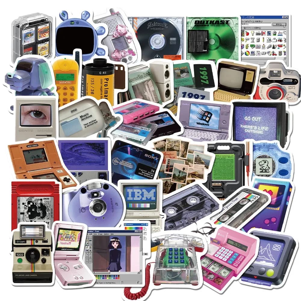 50 pezzi adesivi per nastro CD per telefono vintage decalcomanie per attrezzature per cartoni animati retrò moto laptop valigia notebook adesivi impermeabili regali
