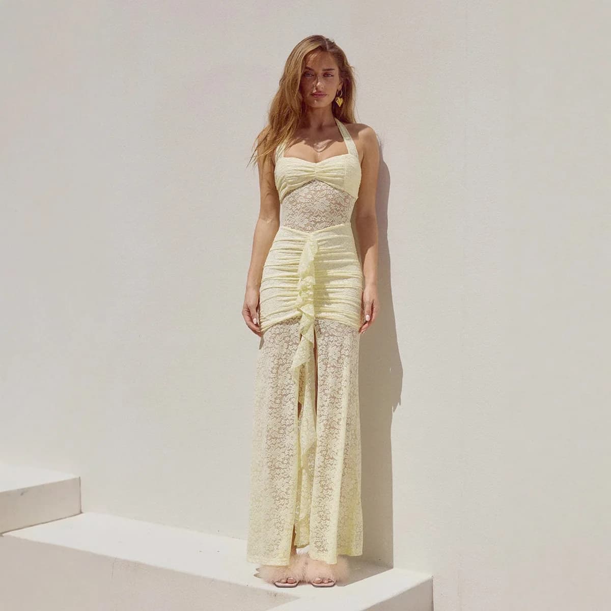 MsChuh Lace Maxi Dress For Women Draped Ruched Sexy Summer Patchwork Halter Sleeveless Backless Bodycon Club Long Dress Elegant