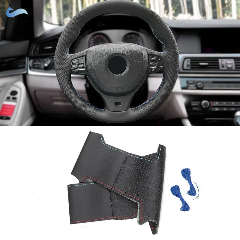 Per BMW F10 F07 F12 F13 F06 F01 F02 520i Interni auto Coprivolante cucito a mano Nero-rosso linea blu Pelle traforata