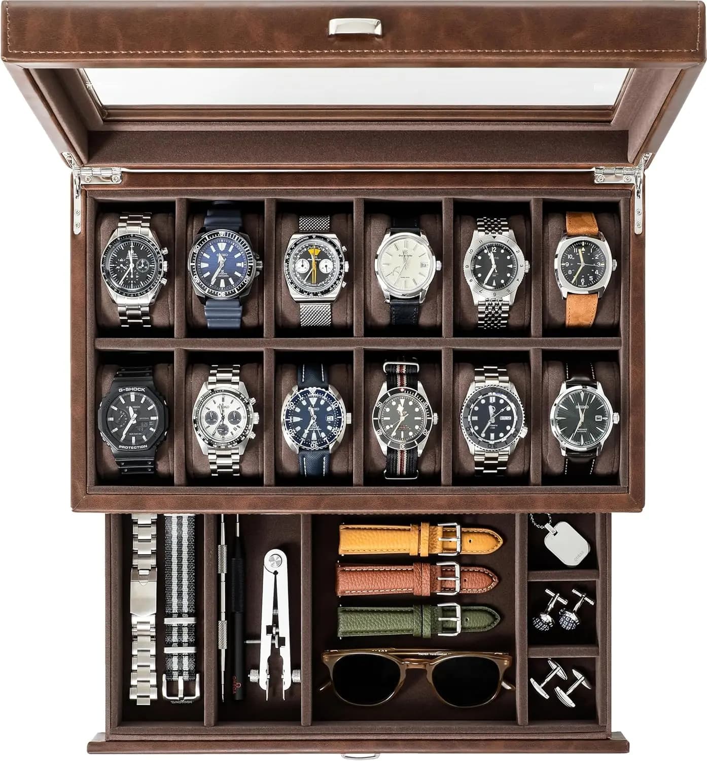 Scatola Porta Orologi a 12 Scomparti con Vetrina, Cassetto e Cuscini Grandi per Orologi - Marrone