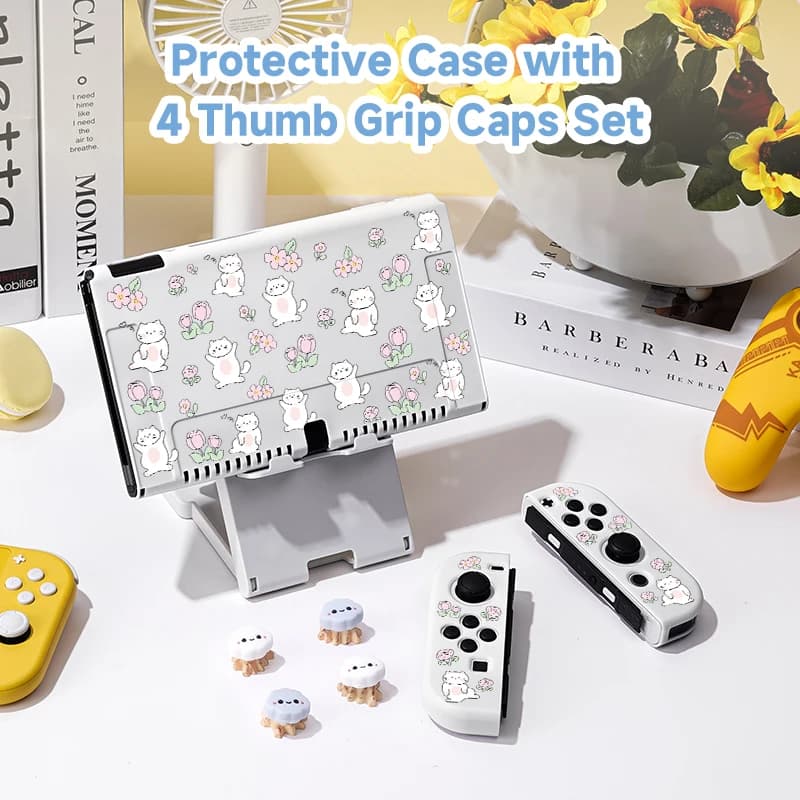 Pacchetto custodia protettiva per gatti e fiori con 4 cappucci antiscivolo per Nintendo Switch OLED, per cover Switch NS, accessorio per giochi Switch