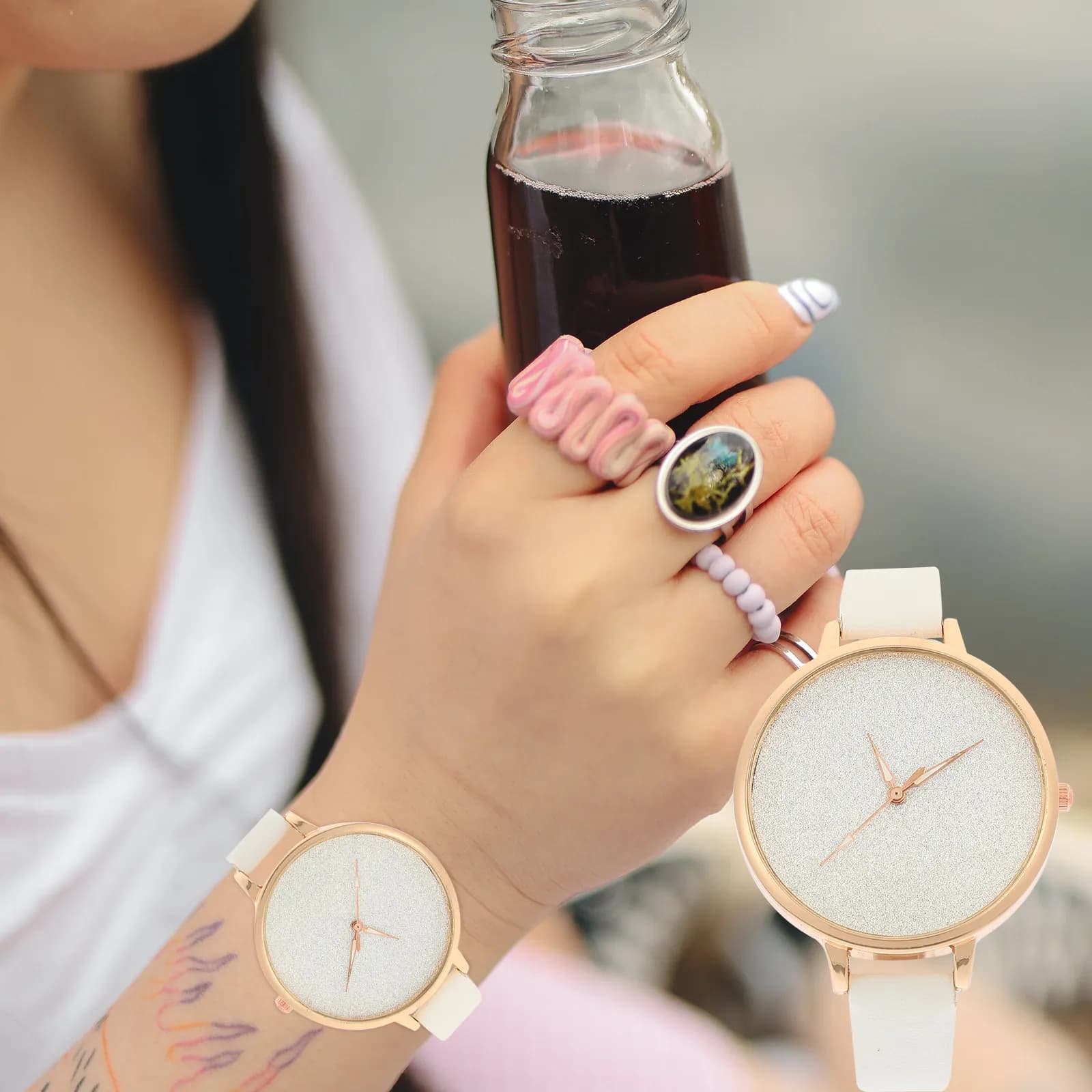 Orologio da Polso da Donna con Cinturino in PU, Quadrante Glitterato Elegante, Regolabile, Regalo per Studenti e Ufficio, Regalo di Compleanno alla Moda