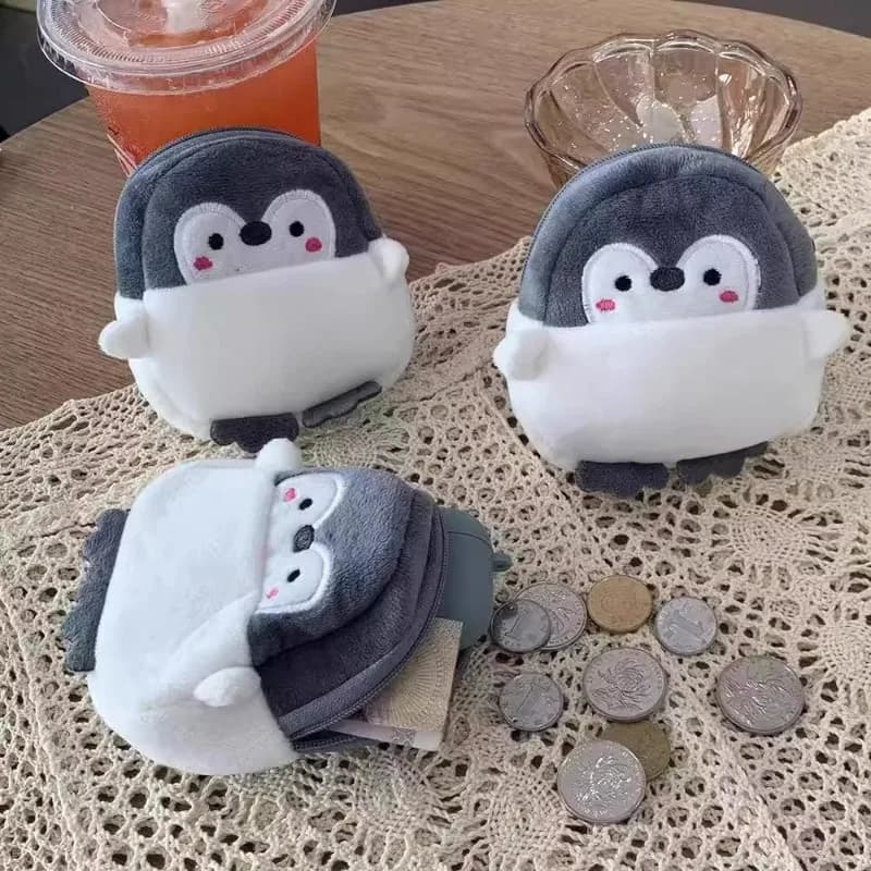 Portamonete in peluche con cerniera a forma di simpatico pinguino, squalo o anatra, organizer da donna, regalo con ciondolo per auricolari e chiavi