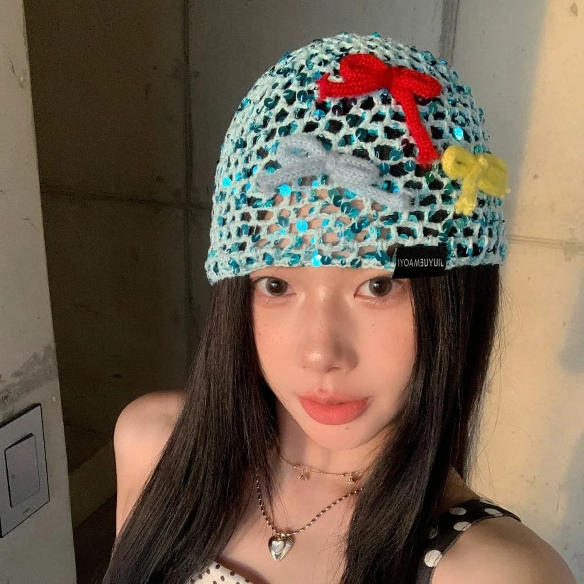 Shirt with INS sequin bow for Women, New Hat for the Y2K Style Net Crochet