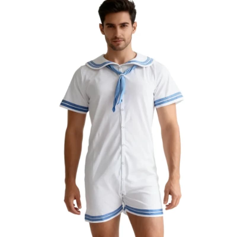 Tuta da Marinaio Bianca e Blu con Bottoni a Pressione, Morbida e Comoda, Body per Adulti ABDL, Pigiama Unisex, Tuta per Coppie, Abbigliamento per Casa