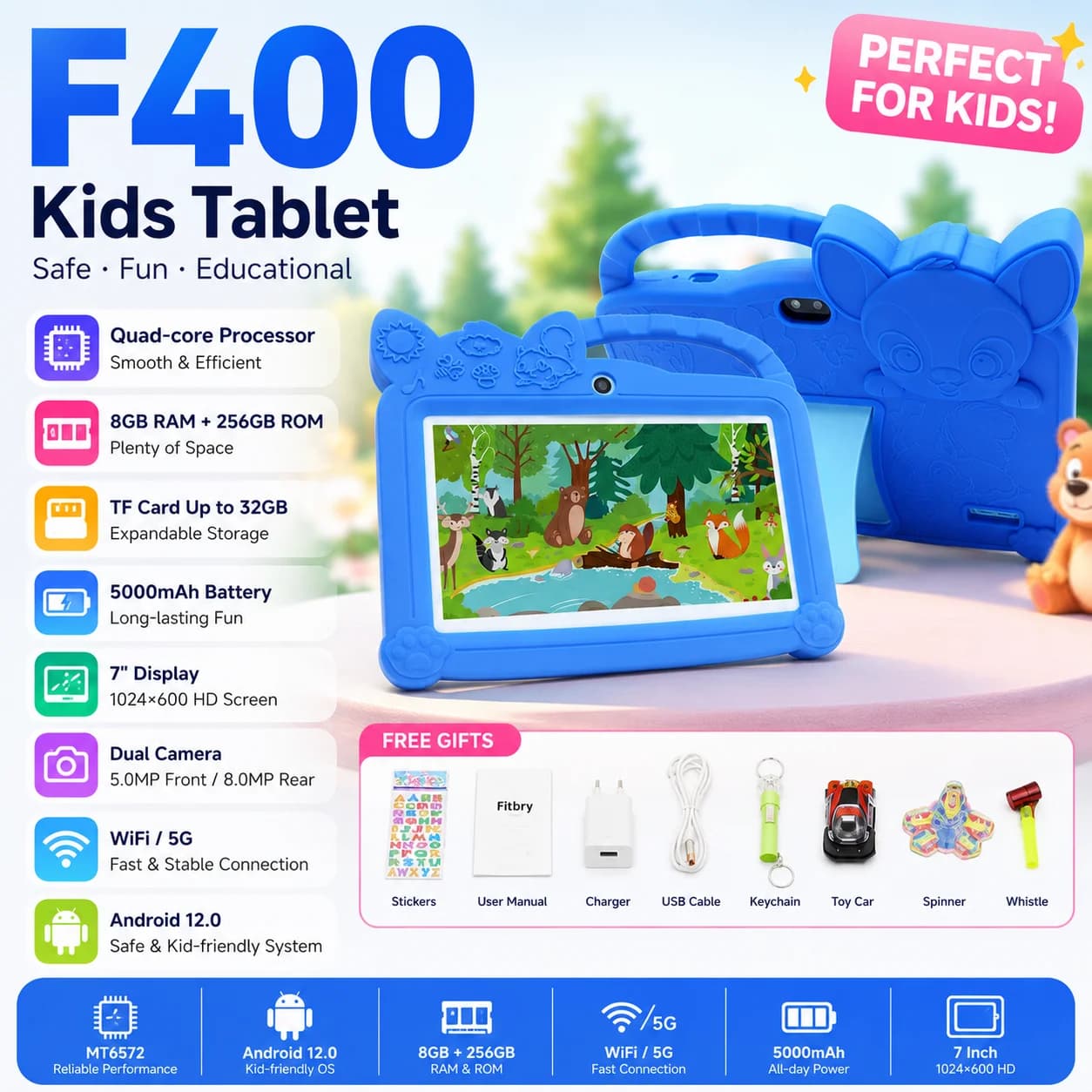 Tablet per Bambini F400 con Schermo IPS da 7'', Android 12, Quad Core, 8GB RAM + 256GB ROM, WiFi, Tablet Educativo per Bambini con Protezione Antiurto
