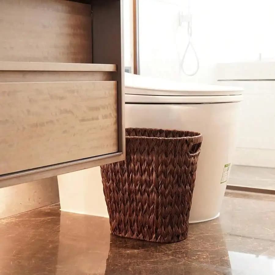 Woven Rattan Trash Can With Handles For Bathroom Bedroom Decorative Boho Waste Basket 19L