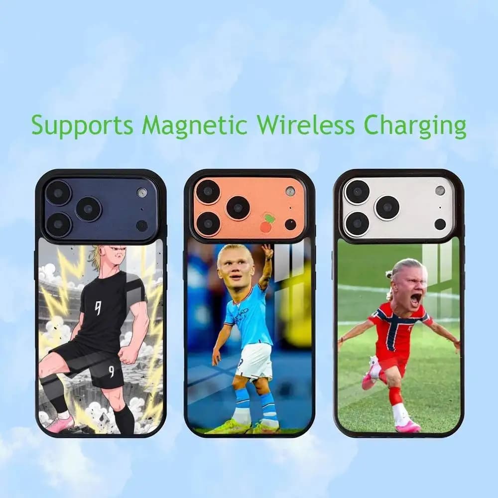 F-Football star E-Erling Haaland Luxury Glass Phone Case For iPhone17,16,15,14,13,12, Plus,Pro Allows magnetic wireless charging