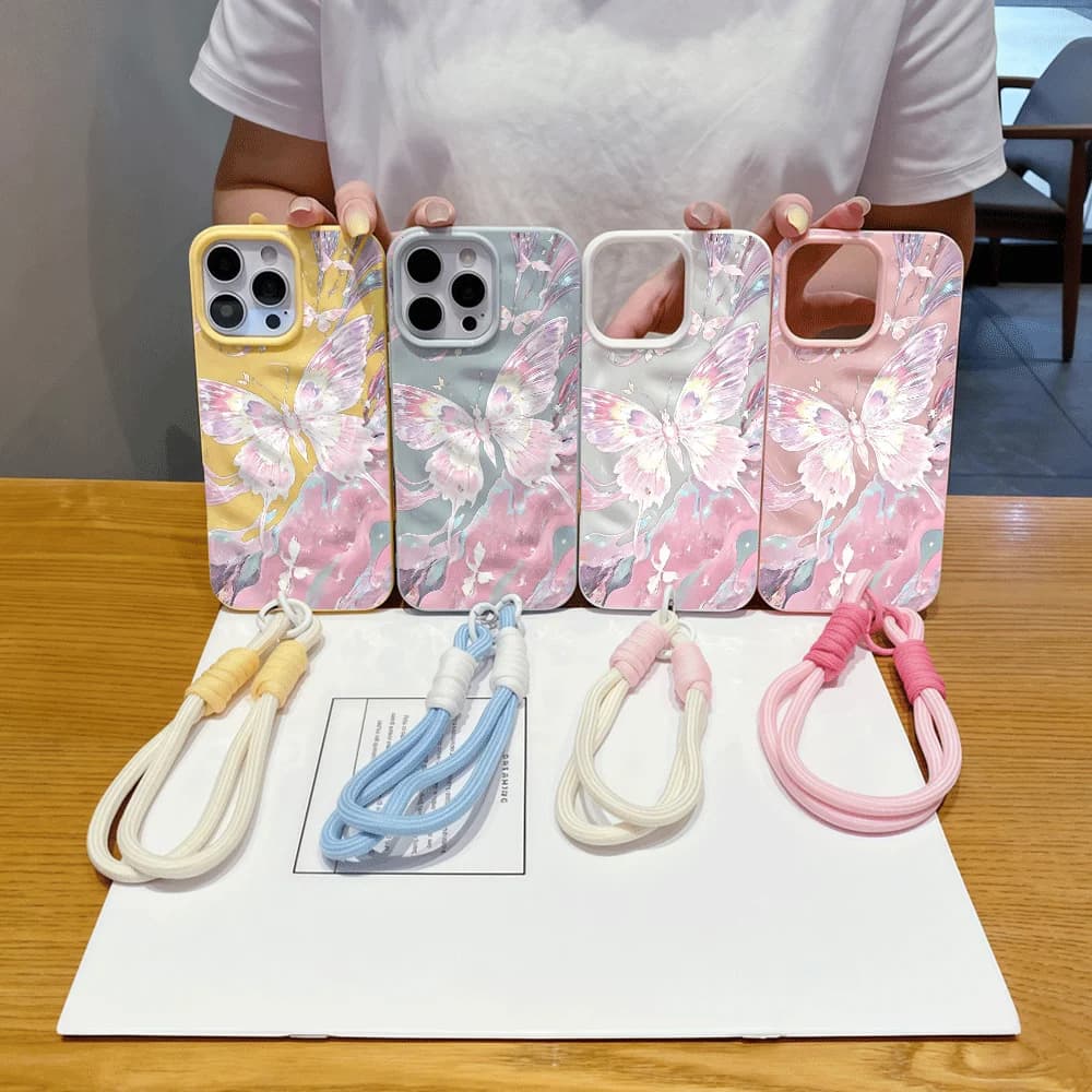 Pink Butterfly Print Macaron Lanyard Phone Case For iPhone 17 Air 16 15 14 13 12 11 Pro Max Shockproof Wrinkle Texture TPU Cover