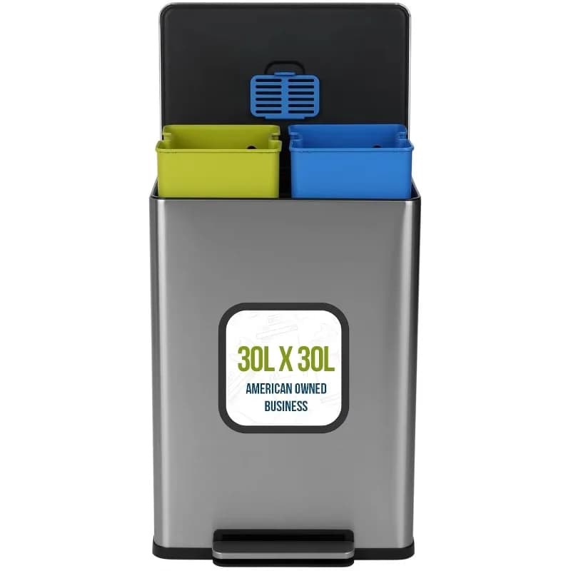 ^16 Gallon (60L) Step Trash Can - Dual Compartment Kitchen Garbage Can - Waste & Recycling Bins, Slow-Close Lid, Odor Control