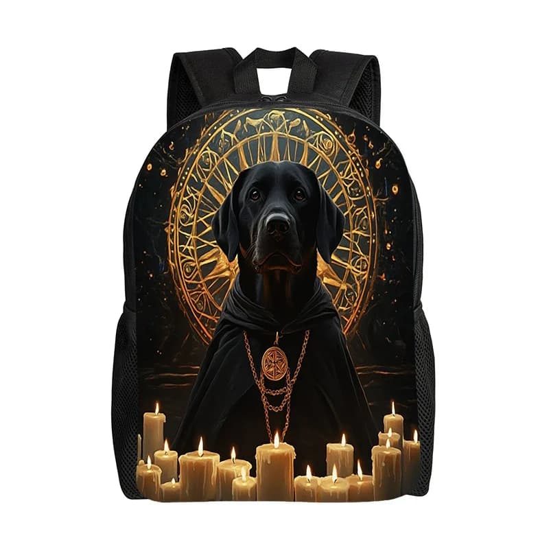 Front-back printed backpack for Halloween - Spacious and lightweight, with black dog with cape, adjustable shoulder straps
