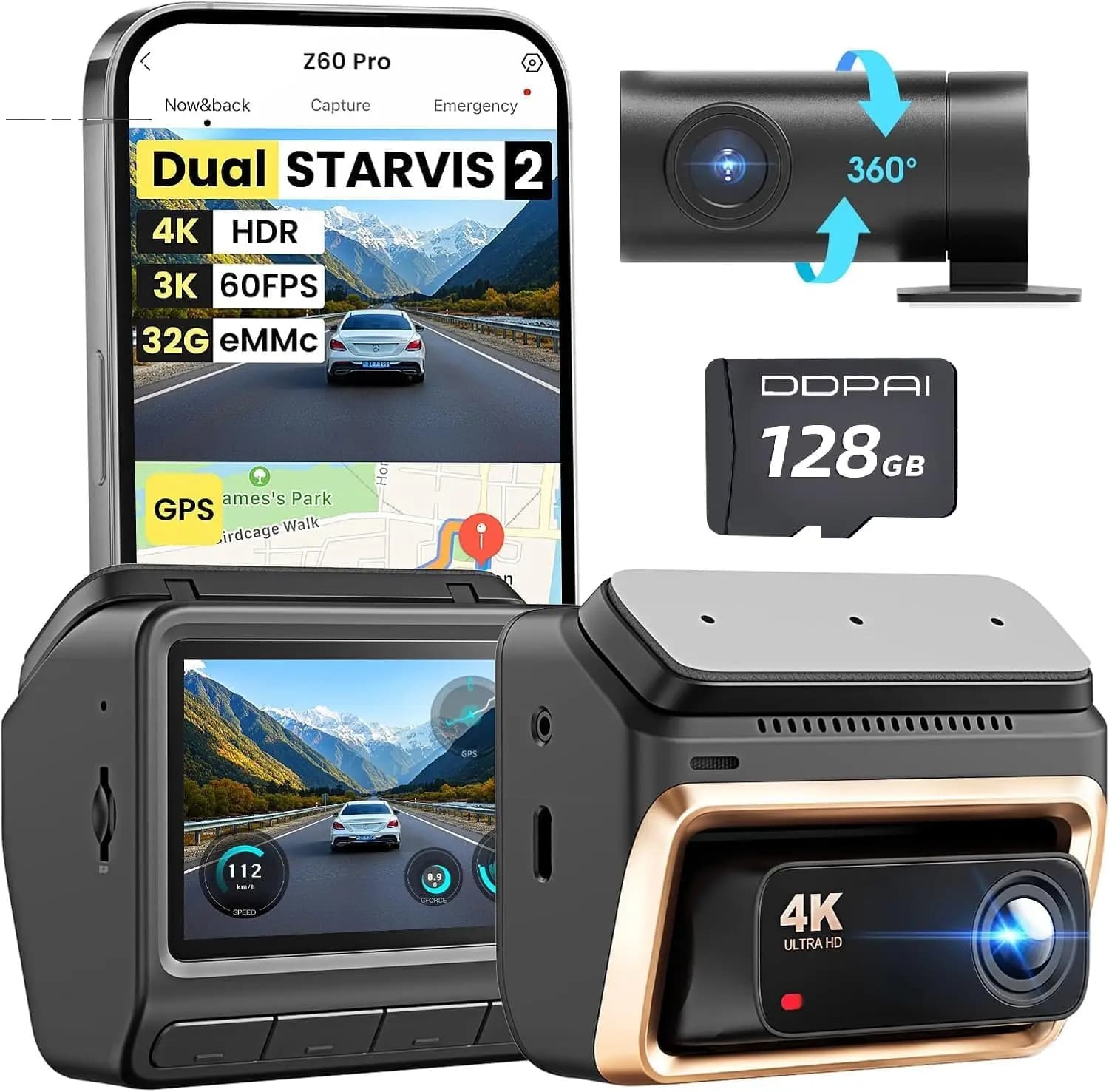 4K Dual Dash Cam Front and Rear, Dual STARVIS 2, Free 128G Card, 3K/60FPS, 5G WiFi GPS, 24H Parking Mode