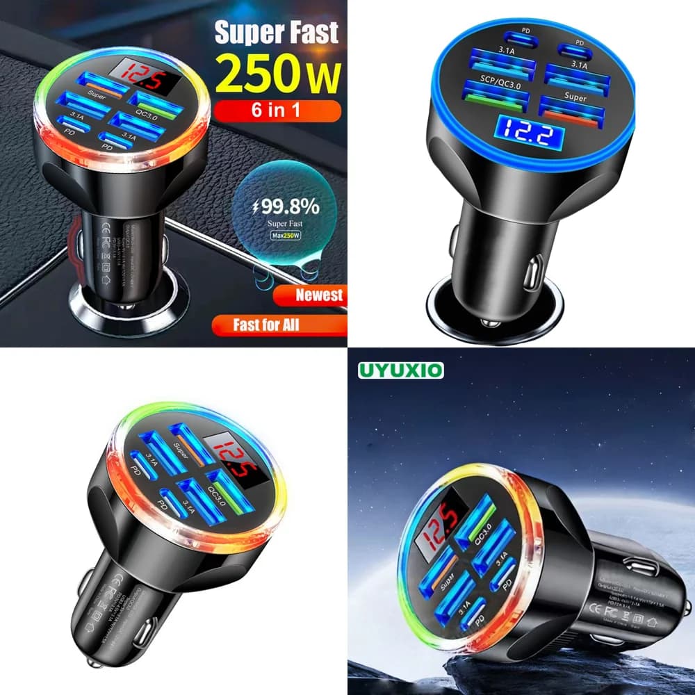 Prodotti di Tendenza 2026 Nuovi Arrivi Caricabatterie USB per Auto 6 in 1 con Display di Tensione 2 Type C 4 USB A Ricarica Rapida Multi-Porta