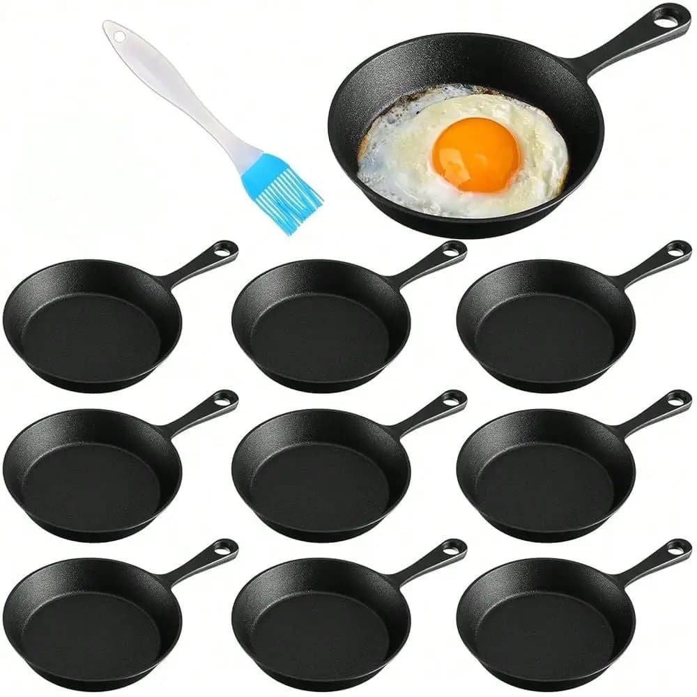 Set di 4 Padelle in Ghisa da 4 Pollici, Mini Padelle Antiaderenti in Ferro Nero, Piccole Piastre per Friggere, Padelle per Uova, Set con Pennello per Olio