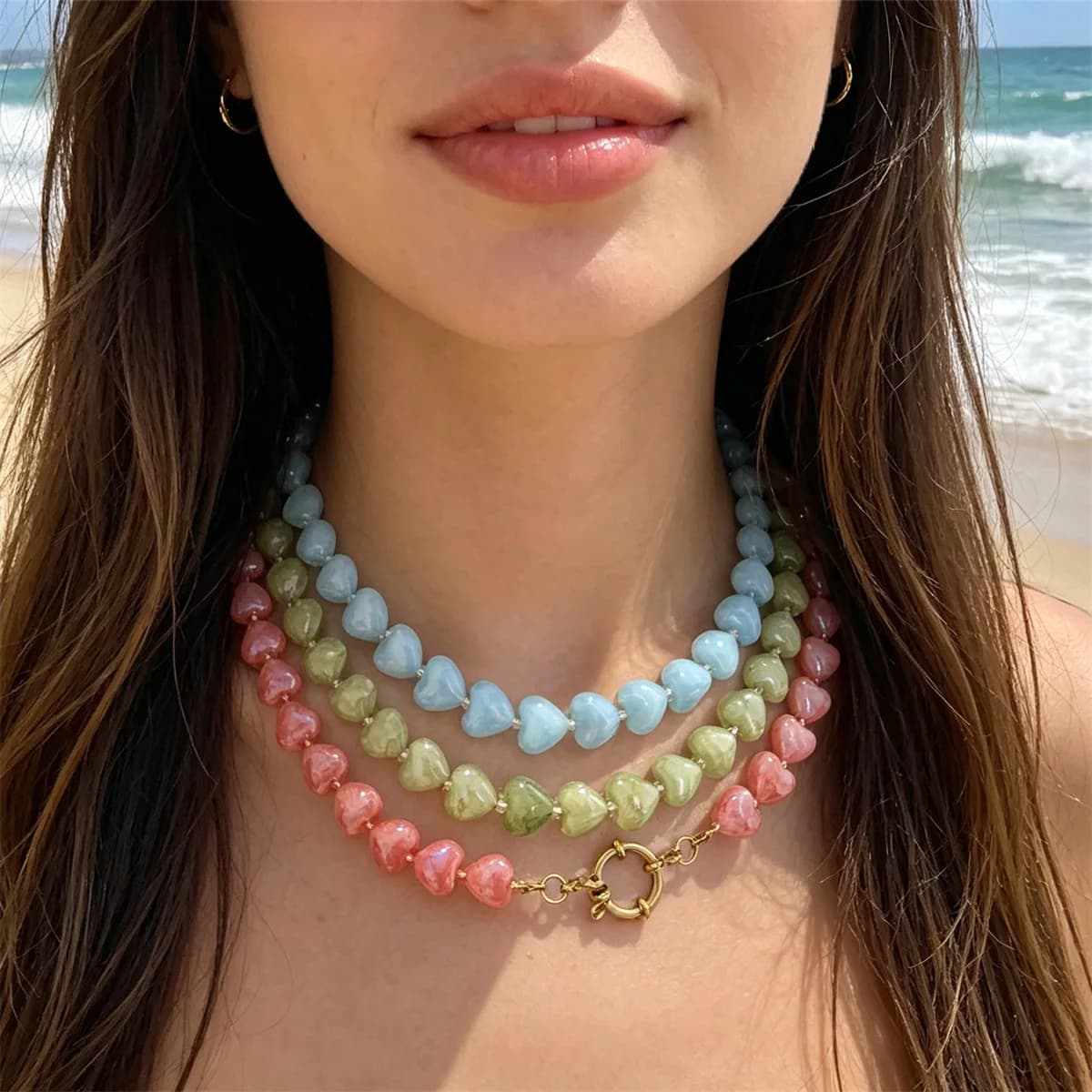 Dopamine Pastel Heart Beaded Double Layer Necklace, Sweet Multicolor Imitation Jade Choker, Summer Beach Adjustable Stackable Wo
