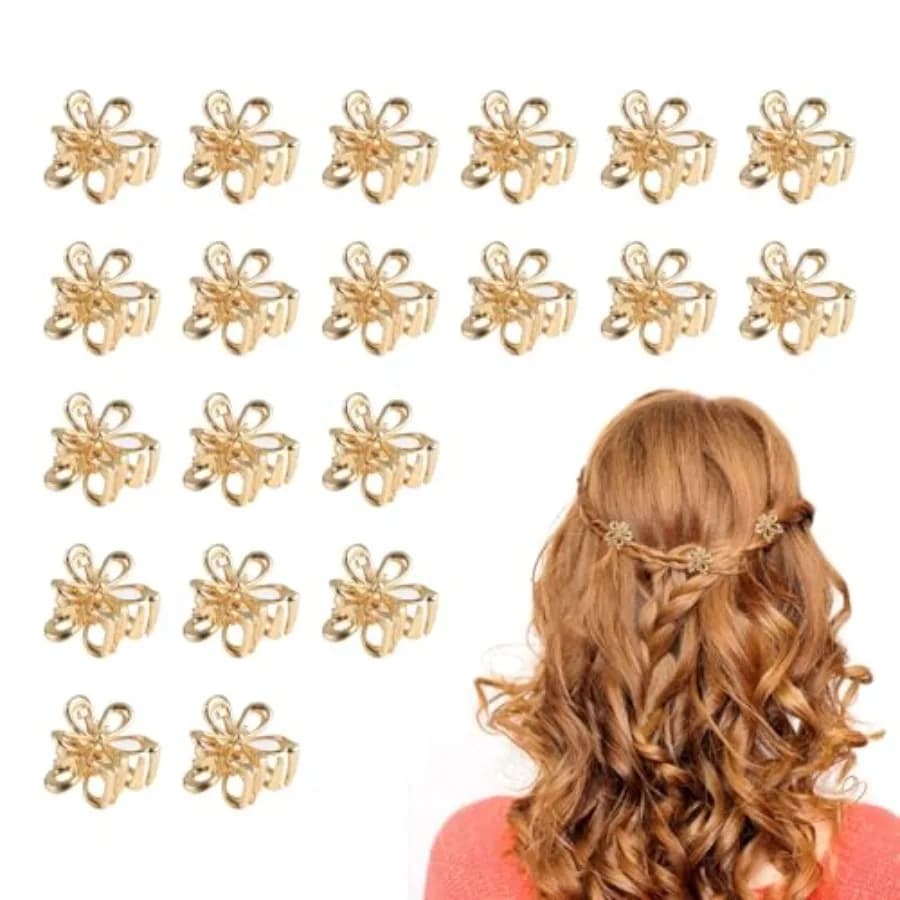 Confezione da 20 piccole mollette per capelli a forma di fiore dorato per donne e ragazze, piccole mollette in metallo con design floreale scintillante, accessori antiscivolo per frangia