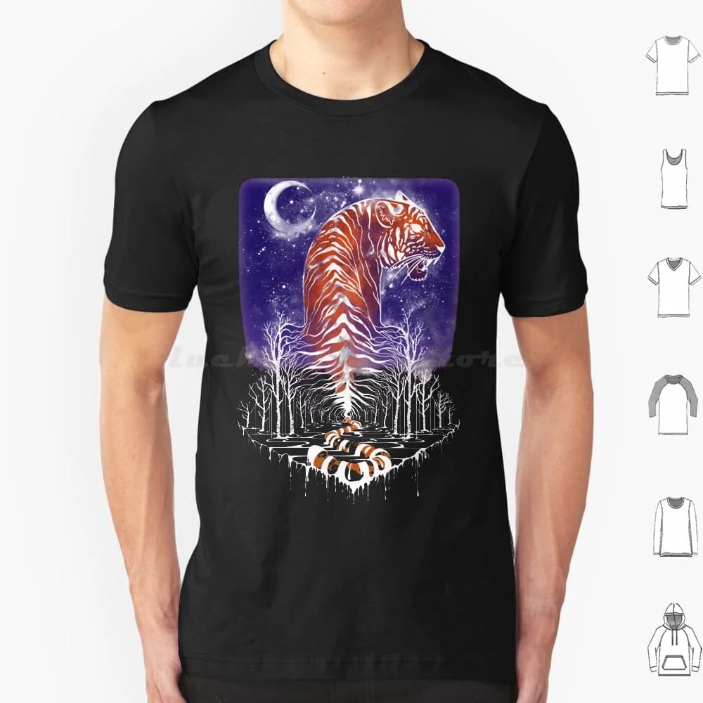Maglietta del Signore della Foresta 6xl Maglietta fresca in cotone Tigre Foresta Galassia Luna Alberi Doppia esposizione Arte originale Gatto Grande gatto grazioso