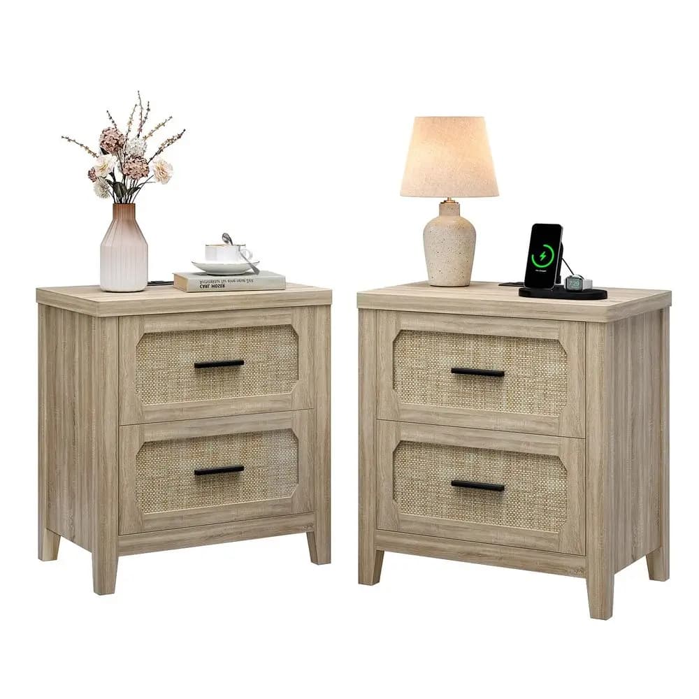 Set di 2 comodini con stazione di ricarica, tavolino da comodino largo 22 pollici con 2 cassetti portaoggetti e maniglia in metallo, comodino in stile boho.
