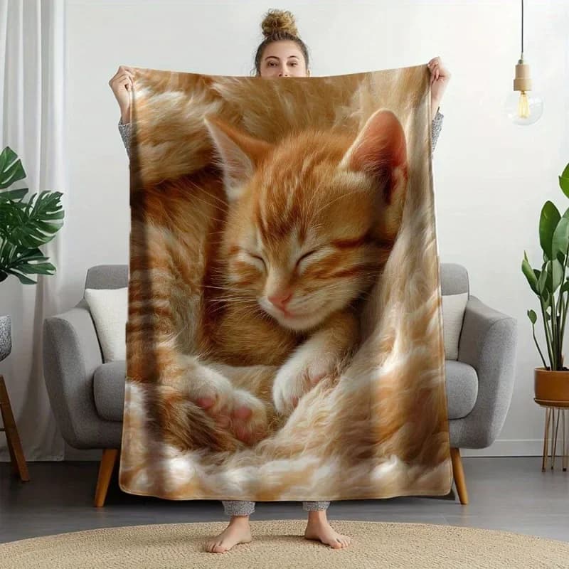 1pc Vintage Ginger Kitten Print Flannel printed blanket suitable for all seasons suitable for living room office sofa and travel