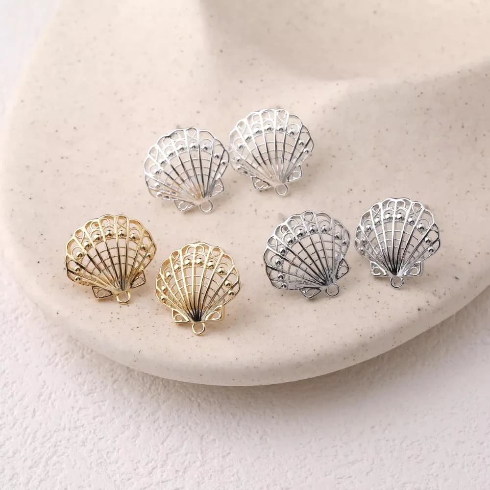 2 pcs button earrings with gentle shell headband for jewellery components diy accessories brass plated gold 14k 18*18mm