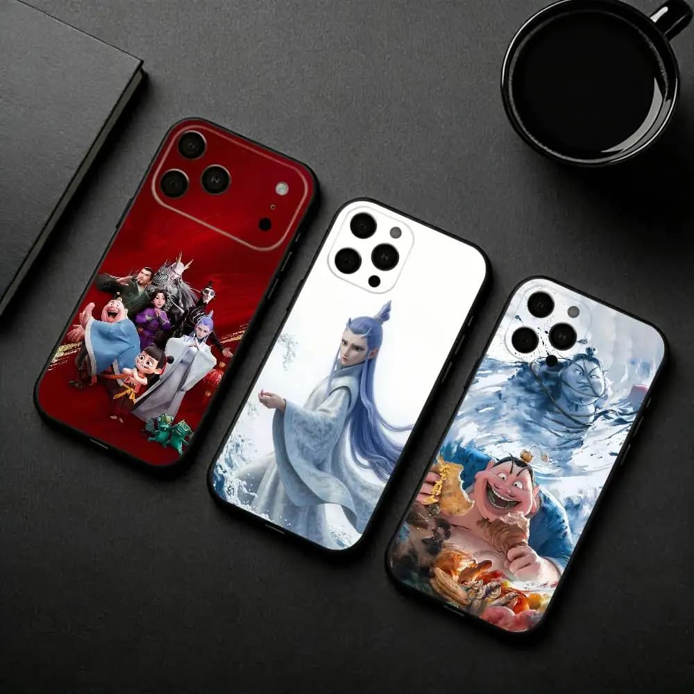 Divertente Cover per iPhone con Tema Film Ne Zha, in Silicone Morbido Nero, Compatibile con iPhone 17 Pro, 16, 15, 14, 13, 12, 11 Plus, Pro Max, XS