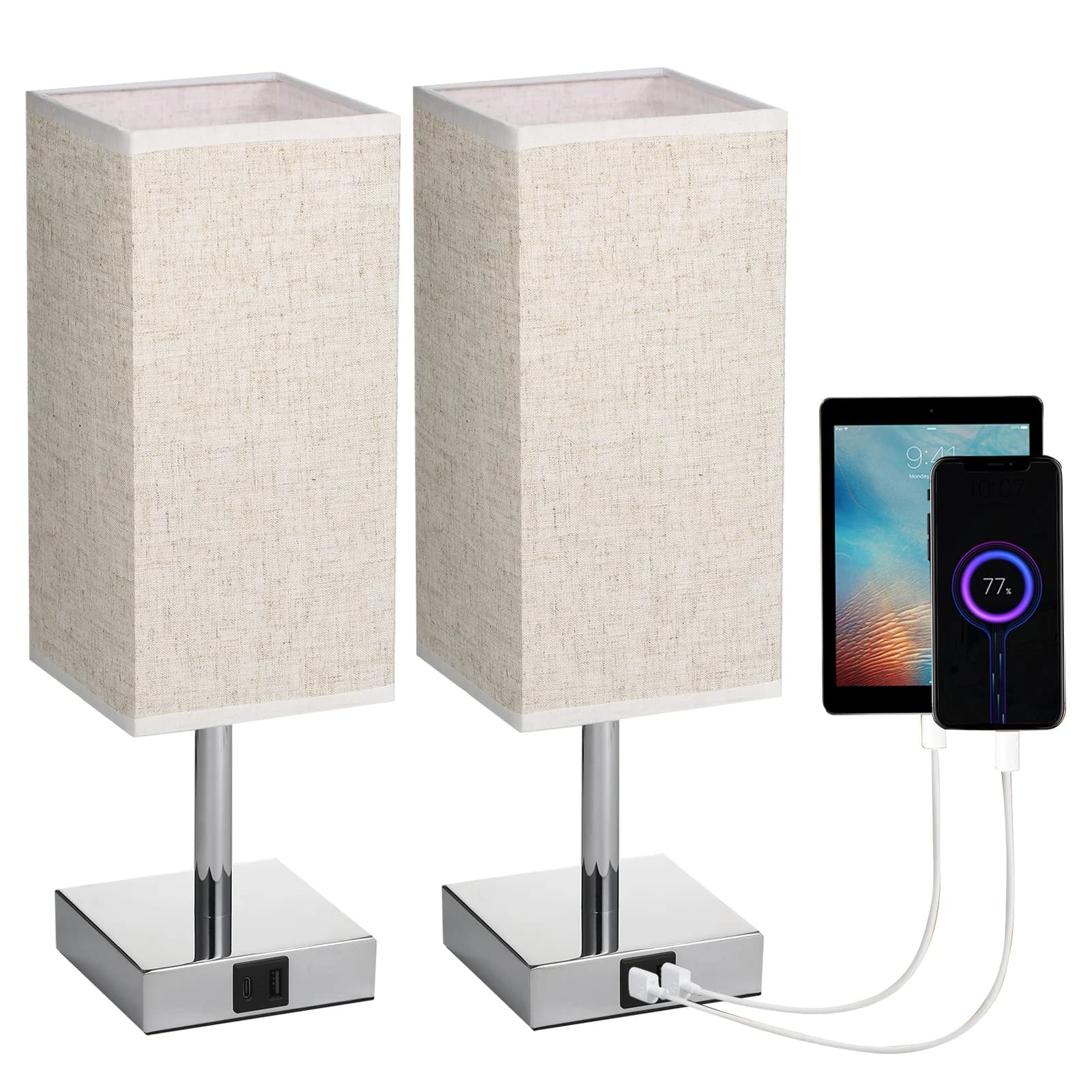 Neoglint Lampada da comodino in tessuto da 2 confezioni Lampada da comodino con lampadina a LED bianca calda Luce da scrivania Touch Control USB A Type-C