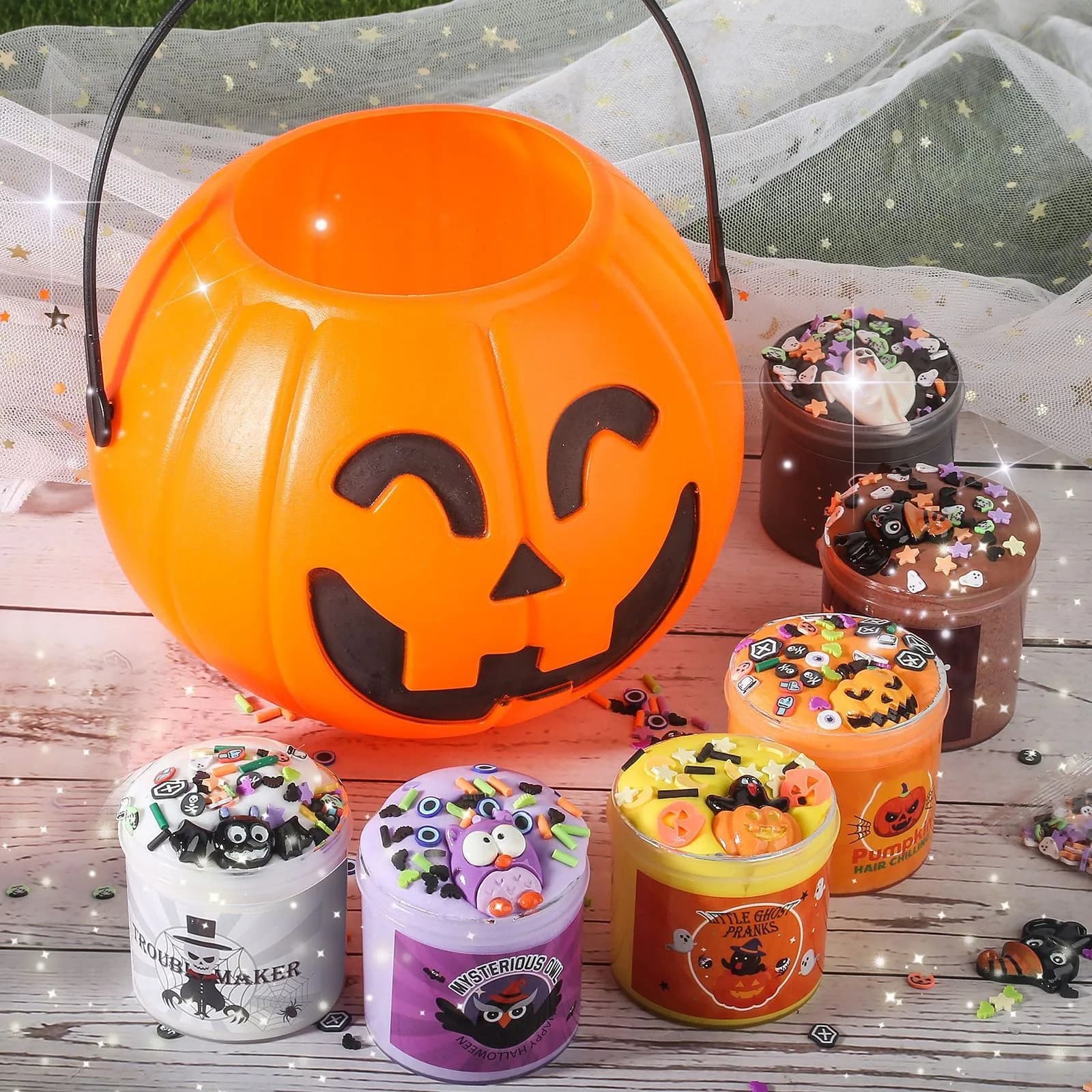 Kit di melma di Halloween - 6 scatole di melma di burro con secchio di zucca, barattolo di caramelle, giocattoli da spremere antistress, bomboniera di Halloween