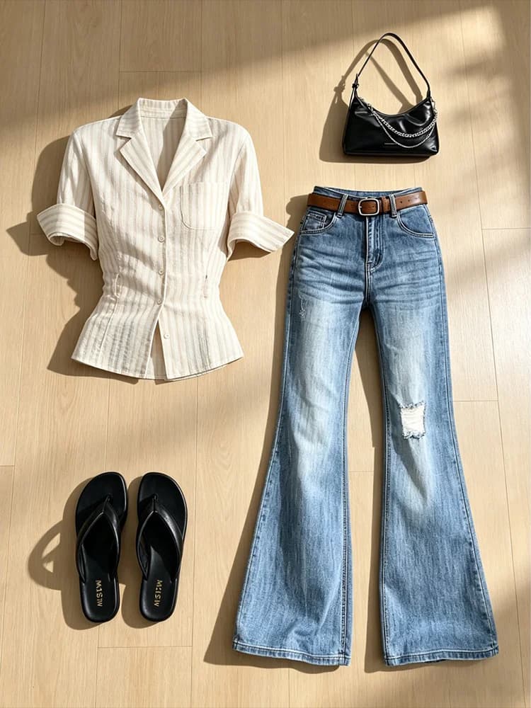 Summer Commute Stripe Short Sleeve Waist Cinched Shirt Top Women's Wide Leg Jeans Slimming Two Piece Set Fashionable Casual Wear