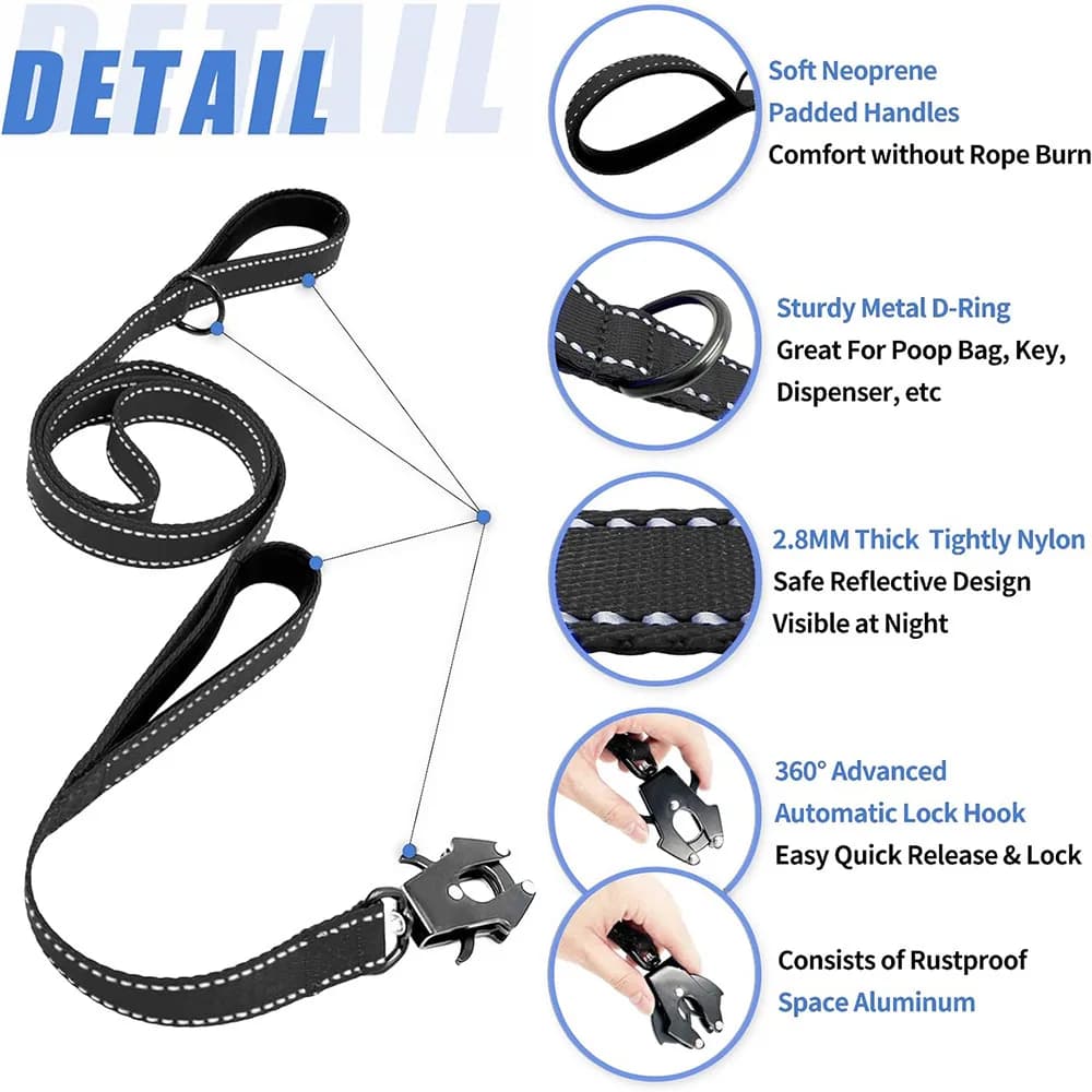 Guinzaglio per cani resistente - Guinzaglio per cani riflettente in nylon con 2 maniglie imbottite morbide e clip per rana con chiusura automatica Guinzaglio per cani da esterno