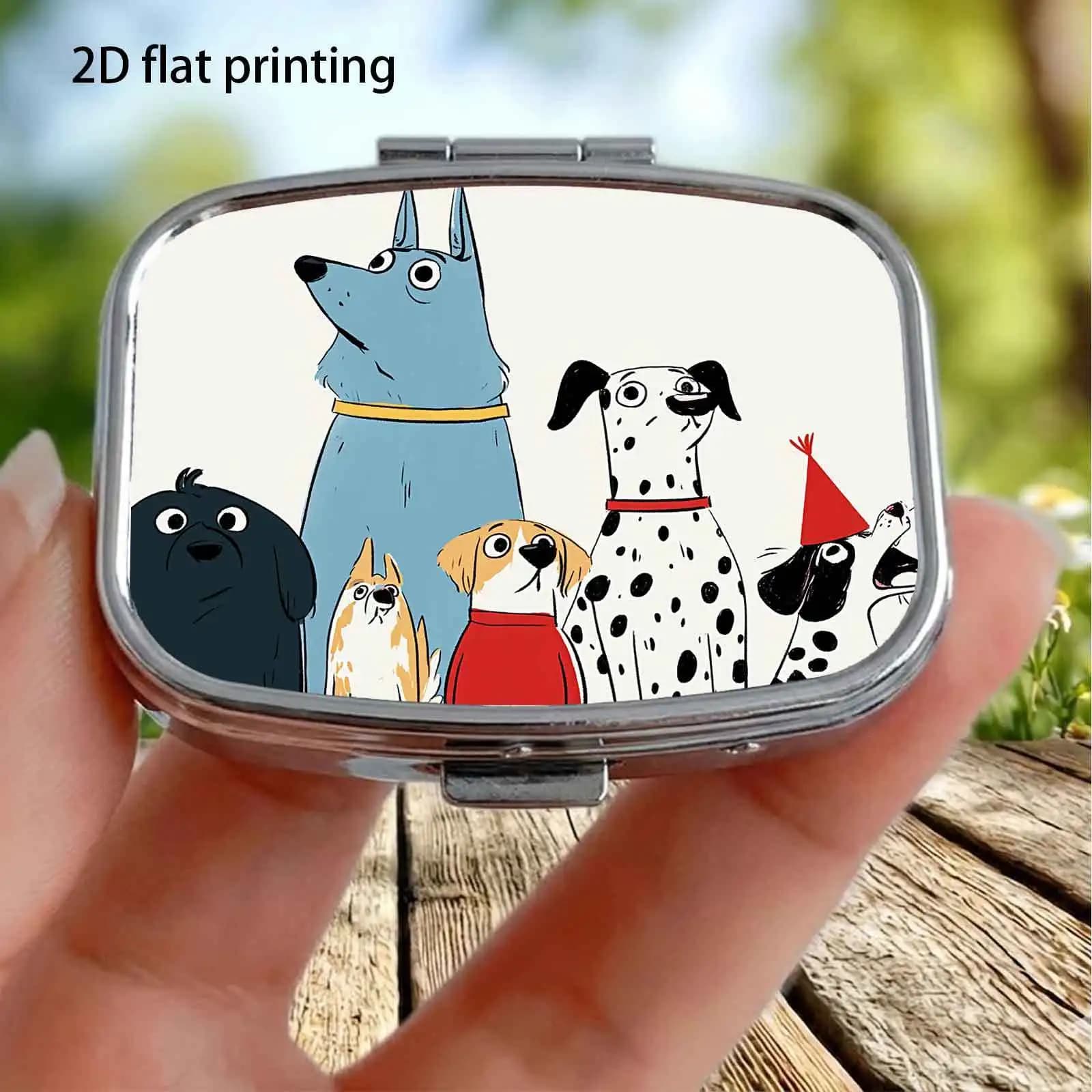 Flat, Simple, Hand-Drawn Cute Puppy Party Cartoon Illustration Pattern, White Background, Square Double-Compartment Small Pill Box, Portable Medicine Box, Small Jewelry Box, Suitable for Placing in Pockets, Handbags, or Travel Bags.