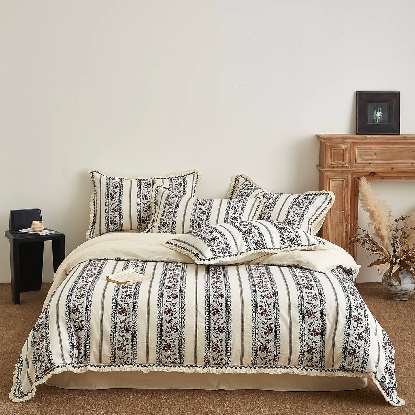 French Vintage Bed Linen Set in Mixed Cotton Linen Tinto in Yarn Jacquard with Nappe Edge, Copripiumin, Flat Bed Sheets/With Corners, Faith 4 Pieces