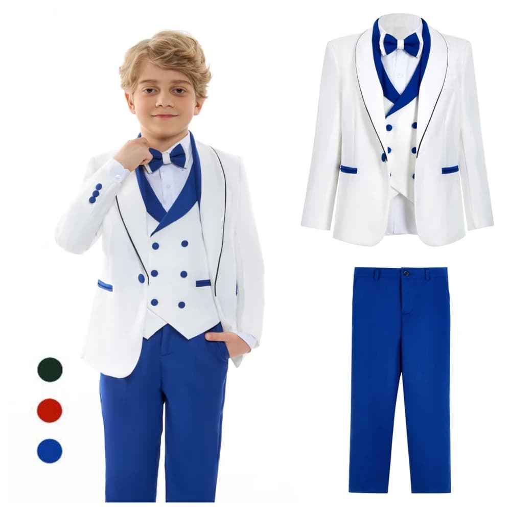 Set di abiti da sposa per ragazzi popolari, abiti da smoking formali in 4 pezzi, giacca, gilet, pantaloni, papillon, abiti aderenti per bambini 3-14 anni
