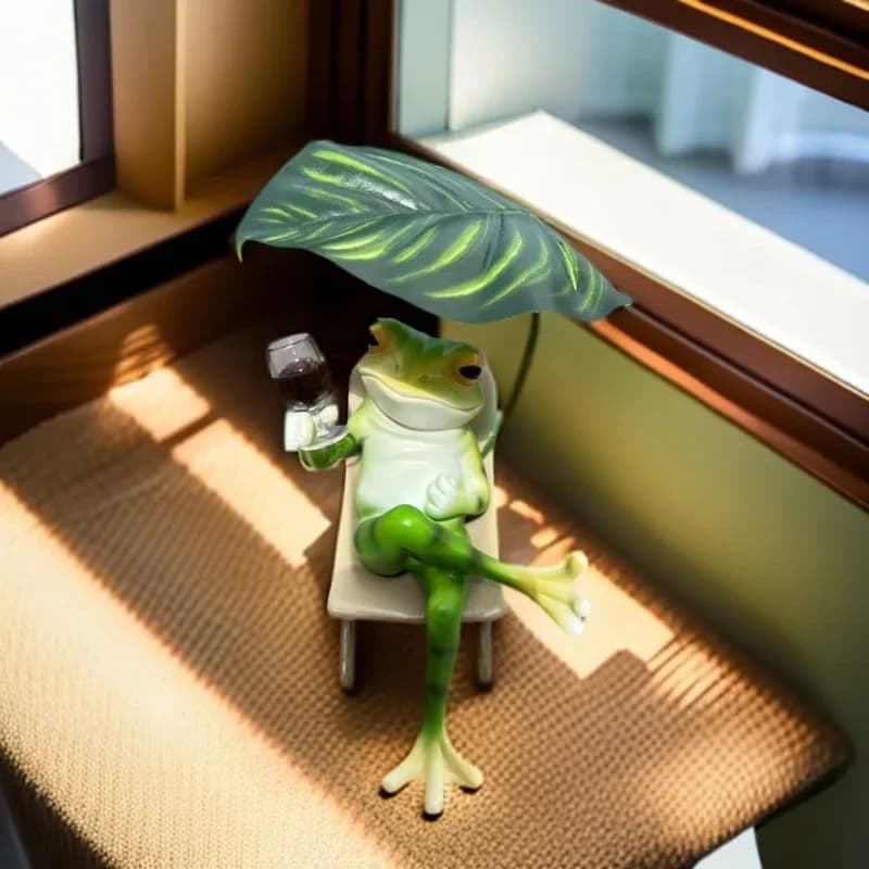 Funny Relaxing Frog Resin Statue, Frog with Wine Glass & Leaf Umbrella, Whimsical Garden Ornament for Home Patio, Perfect Gift f