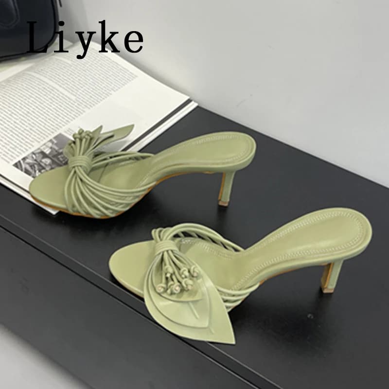 Liyke Summer Thin Low Heels Slippers Women Pleated Leather Leaf Design Sandals Fashion Open Toe Party Dress Shoes Female Mules
