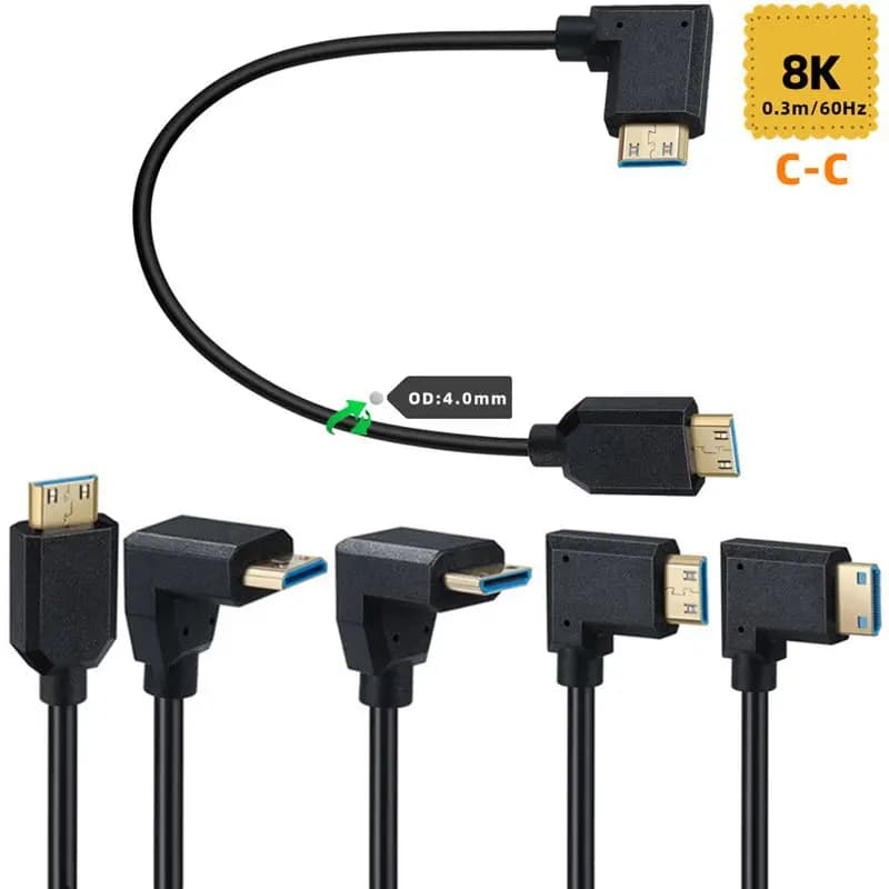 Cavo Mini HDMI compatibile da maschio a maschio, 0,3 m, OD 4,0 mm, 8K 60Hz, 90° ° Cavo di prolunga HDMI compatibile da USB-C a USB-C, placcato oro, con connettore a gomito