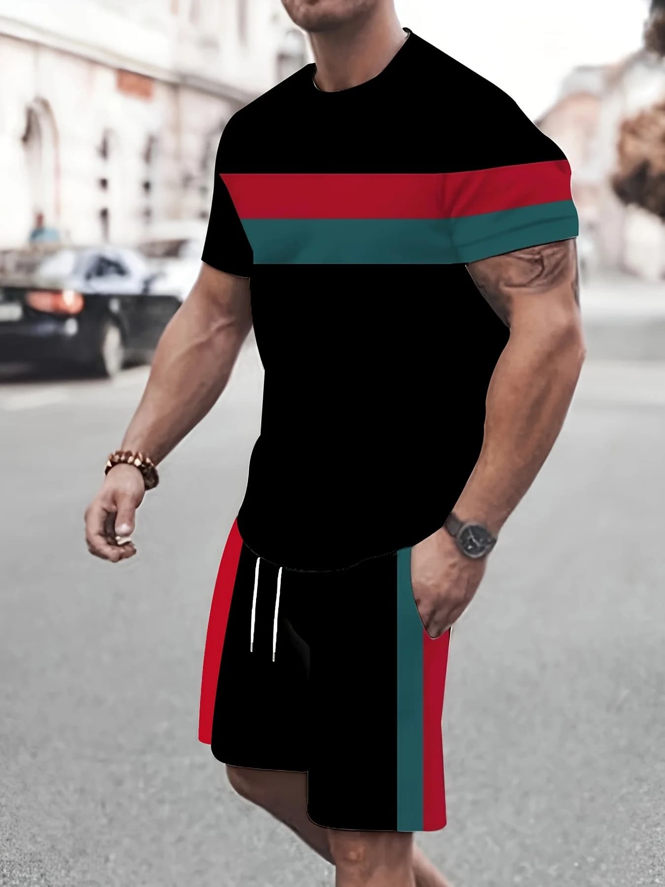 Summer Vocation Men's Tshirt Set 3D Print Solid Color Men Round Neck T-Shirt Shorts Two Piece Set Casual Man Suits Clothing