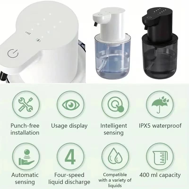 Dispenser automatico di sapone a senso automatico a induzione a infrarossi da appoggio o montato a parete con modello in schiuma regolabile a 4 livelli senza contatto da 400 ml