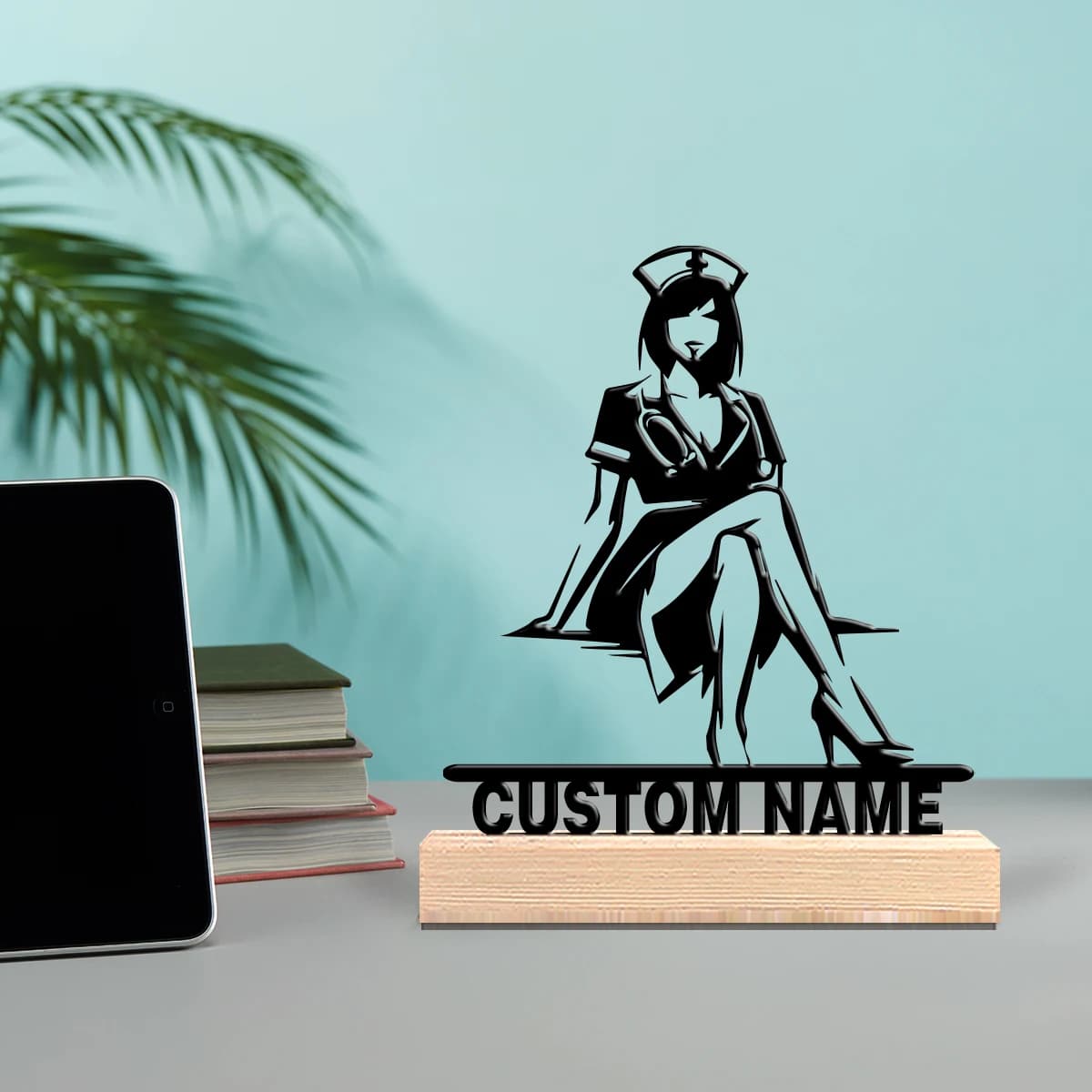 Custom Home Decoration: Metal sculpture shaped as a nurse with wooden base, table decoration, perfect gift for sports enthusiasts.
