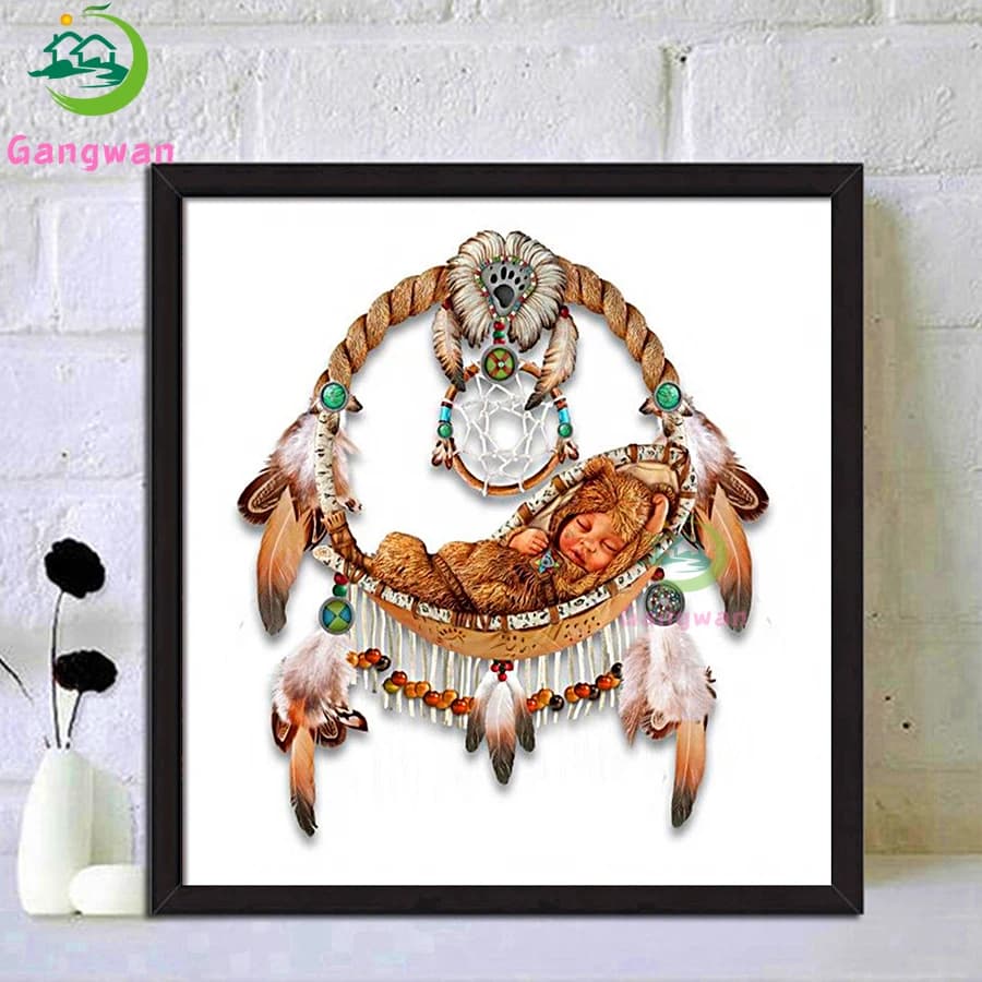 5D DIY Full Round Drill Diamond Painting Dream Catcher with cute baby Mosaic Kit Rhinestone Drawing Picture Home Decoration art