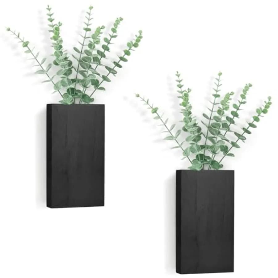 2 Pack Wood Wall Planter Vase with Artificial Eucalyptus Farmhouse Wall Hanging Decor Pocket Planter for Indoor Fake Plants Gre