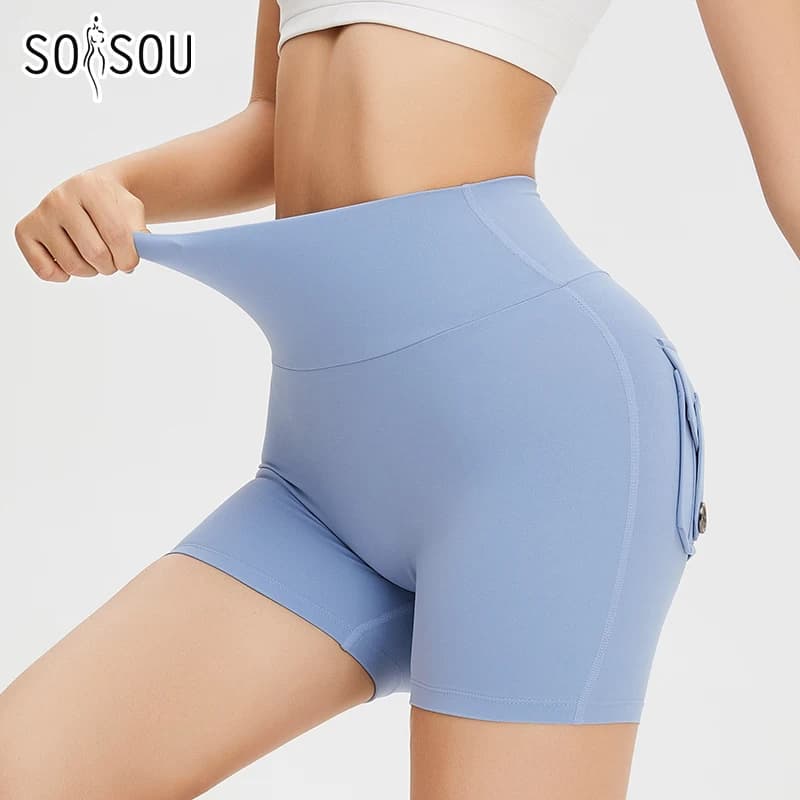 SOISOU Nylon Yoga Shorts gym cycling shorts for women tight elastic breathable absorbs sweat back pockets biker shorts woman