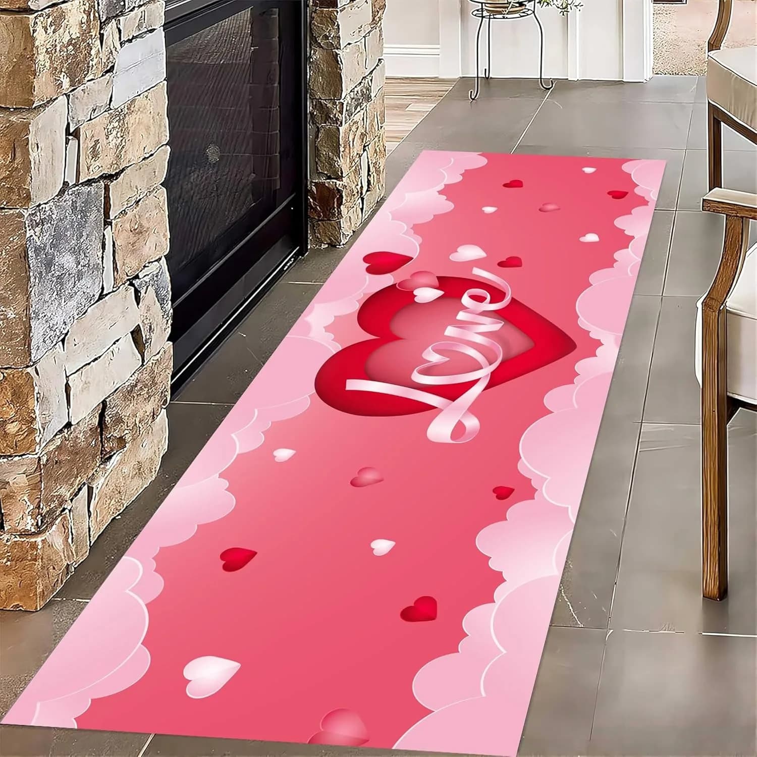 Love Valentine's Day Hallway Runner Rug, Red Love Heart Pink Indoor Carpet, Holiday Carpet Non-Slip Carpet for Kitchen Hallway