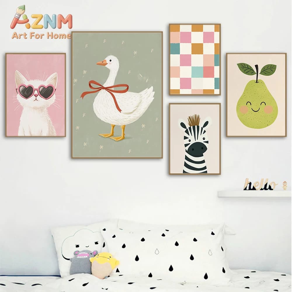 AZNM Artistic wall print with cute animals and fruit, poster on single canvas without frame, cat with sunglasses shaped like heart, goose with bow, zebra