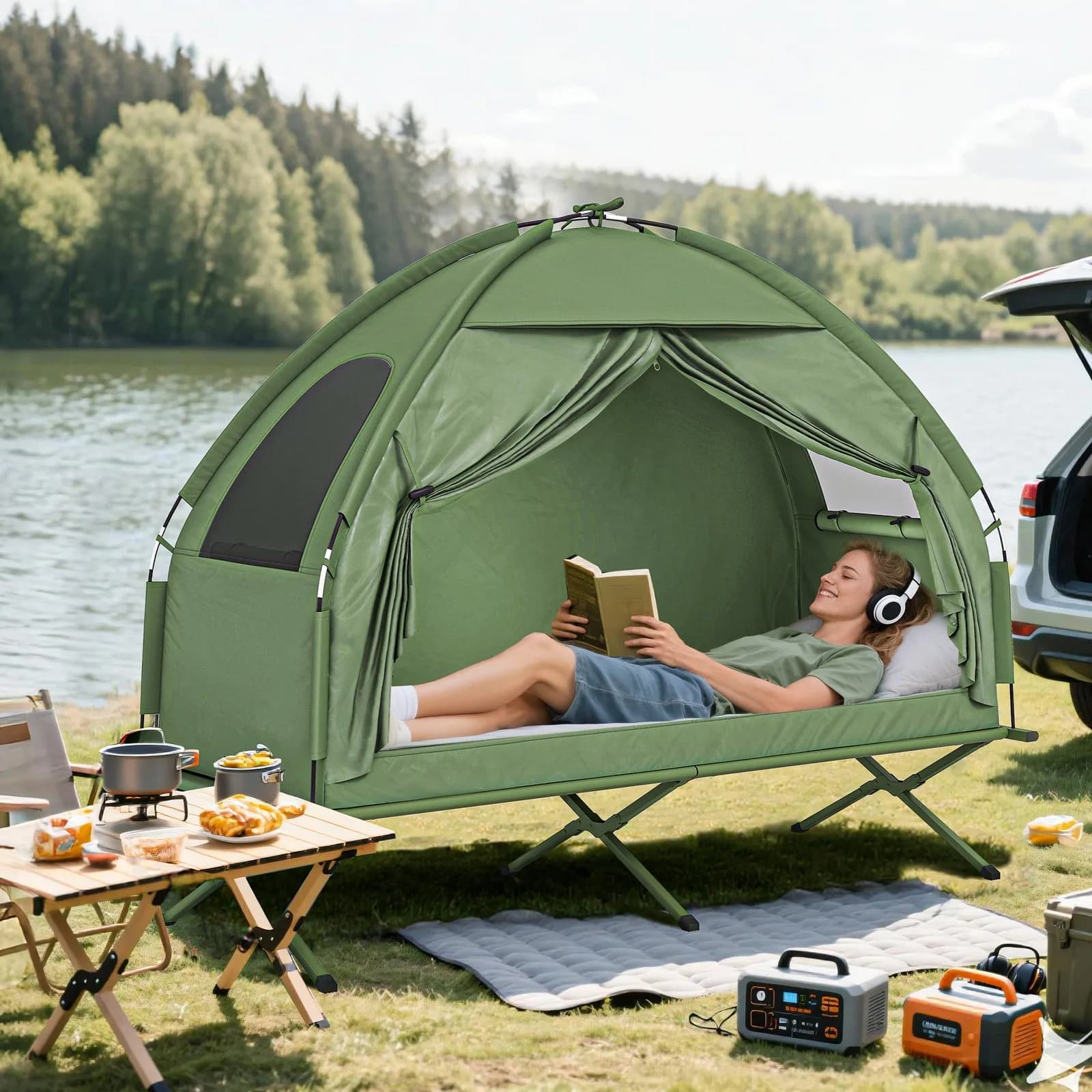 Tenda da Campeggio Portatile per 1 Persona con Letto Rialzato, Ideale per Pesca e Caccia