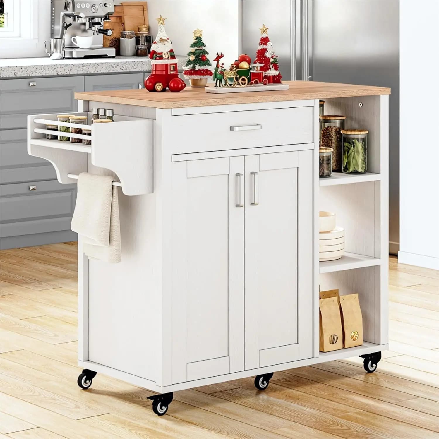 Carrello da Cucina Mobile da 37 Pollici con Ruote e Spazio di Stoccaggio, Piano in Legno Massello, con Ripiani e Porta Spezie, Bianco